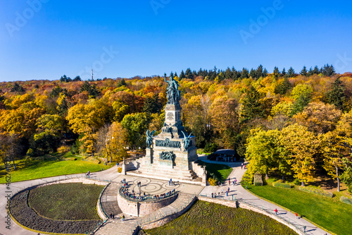 Germany, Hesse, Rudesheim am Rhein, Helicopter view of Niederwalddenkmal monument photo