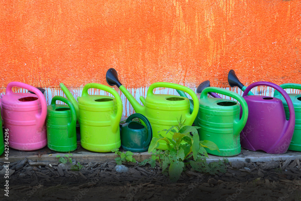 Watering cans standing in row along orange wall Watering cans standing in row along orange wall