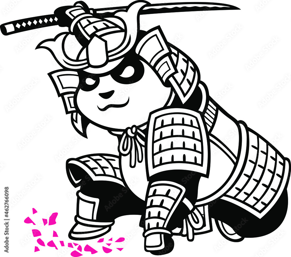 The Samurai Panda Pose with A Katana Sword and Falling Sakura Petals
