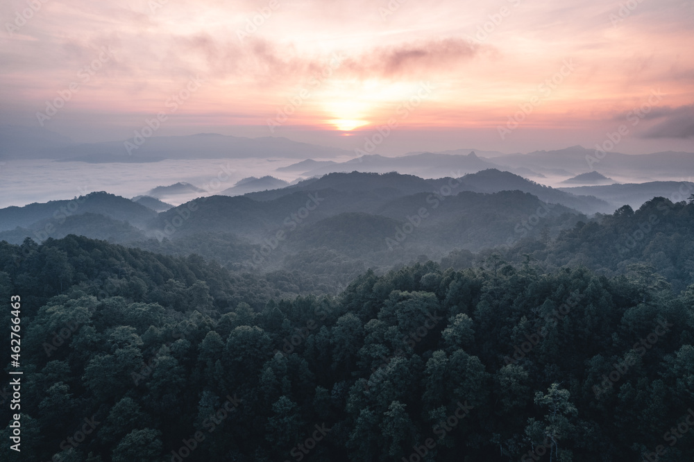 mountains and sunrise in the morning - obrazy, fototapety, plakaty 
