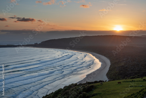 New Zealand, Otago,ÔøΩTautukuÔøΩBeach seen from Florence Hill Lookout at sunset photo