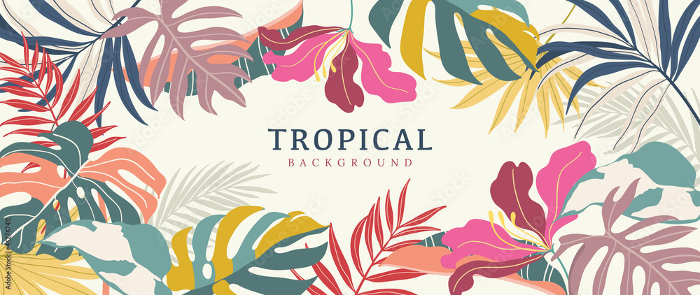 Tropical leaves background vector. Summer Sale banner design with flower and leaf. Hand drawn colorful palm leaf, monstera leaves, floral line art design for wallpaper, cover, cards and packaging. - obrazy, fototapety, plakaty 