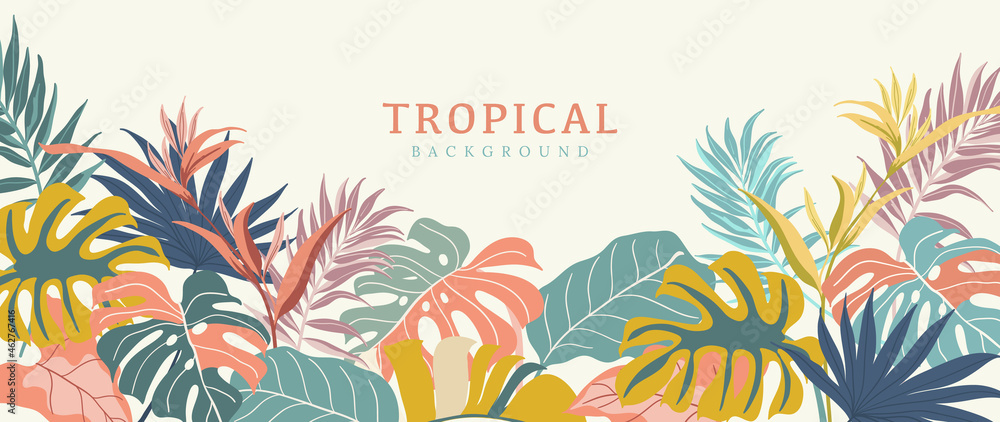 Tropical leaves background vector. Summer Sale banner design with flower and leaf. Hand drawn colorful palm leaf, monstera leaves, floral line art design for wallpaper, cover, cards and packaging. - obrazy, fototapety, plakaty 