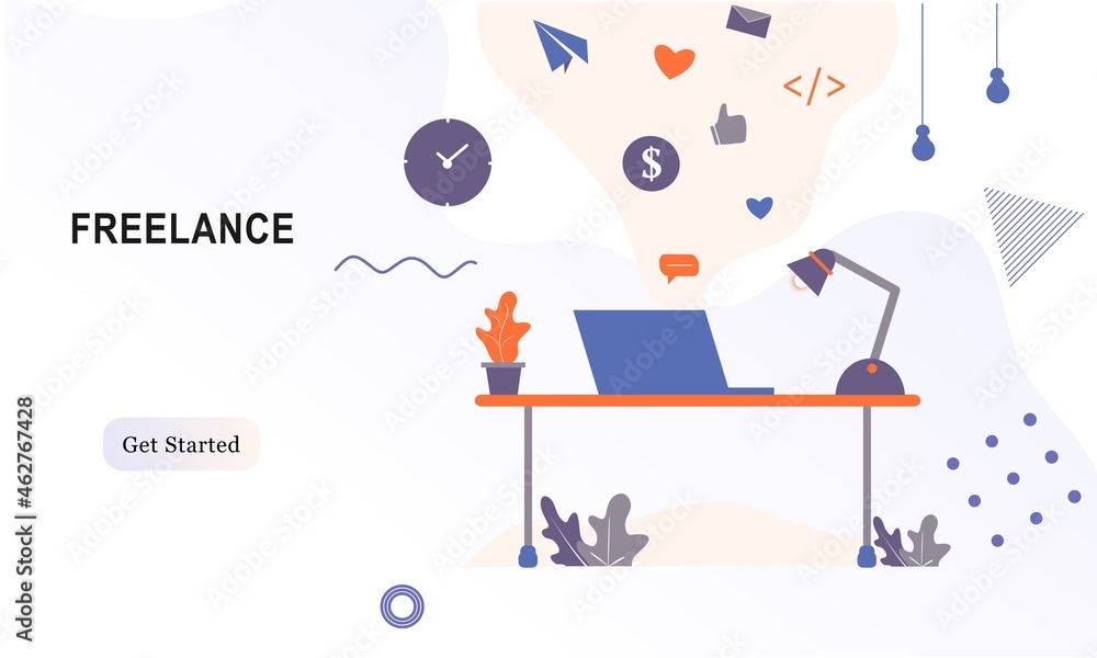 Web landing page template of working in office, co-working space. Freelance, remotely worker, self-employment, online study, online career on computer or laptop at home. Vector digital marketing. Web landing page template of working in office, co-working space. Freelance, remotely worker, self-employment, online study, online career on computer or laptop at home. Vector digital marketing.