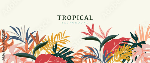 Tropical leaves background vector. Summer Sale banner design with flower and leaf. Hand drawn colorful palm leaf, monstera leaves, floral line art design for wallpaper, cover, cards and packaging.