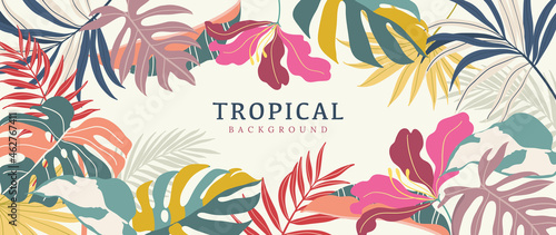Tropical leaves background vector. Summer Sale banner design with flower and leaf. Hand drawn colorful palm leaf, monstera leaves, floral line art design for wallpaper, cover, cards and packaging.