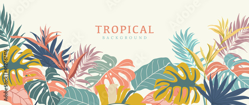 Tropical leaves background vector. Summer Sale banner design with flower and leaf. Hand drawn colorful palm leaf, monstera leaves, floral line art design for wallpaper, cover, cards and packaging.