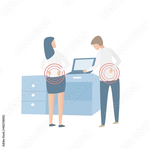 Back pain after sit and stand working with computer wrong position,pain on shouder neck and back come from wrong ergonomic working long time,Office Worker Syndrome Sick Business,Vector illustration.