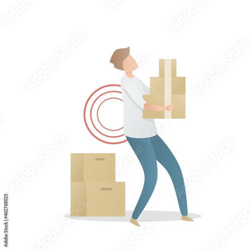 Back pain after heavy wrong lifting heavy objects,Men lift and move carry box danger with back and problem muscle,Vector illustration.