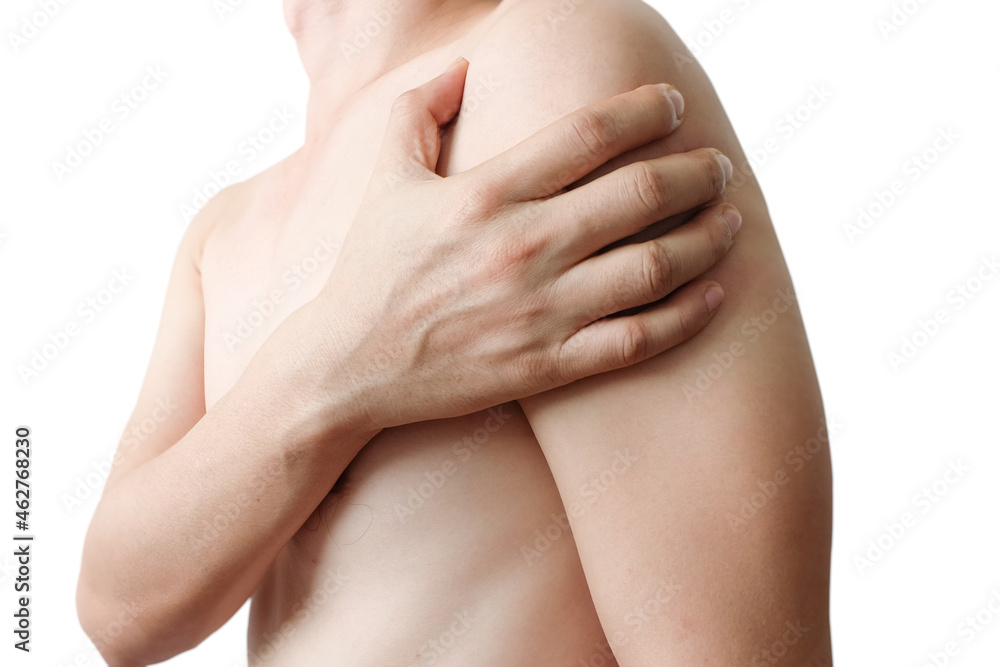 Fototapeta premium Neck pain, shoulder pain, on white background, Health and medical bone concepts