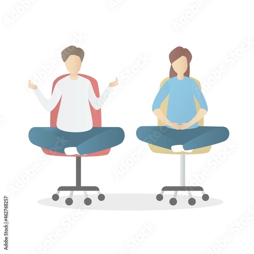 Employee male and female meditate sit on chair in company office,produce mindfulness mind body,relax and focus attention prevent stress from work process,health emotional benefits,Vector illustration.