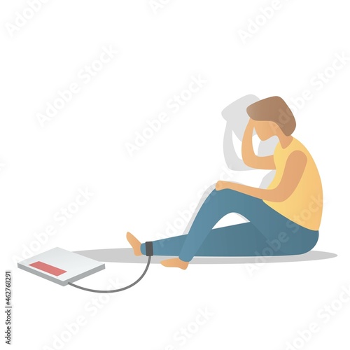 Obesity and Anxiety Stress and Weight loss,fat women worry about weight they can't control or goals,Ankle chains tied to the scales,Health care,Vector illustration.