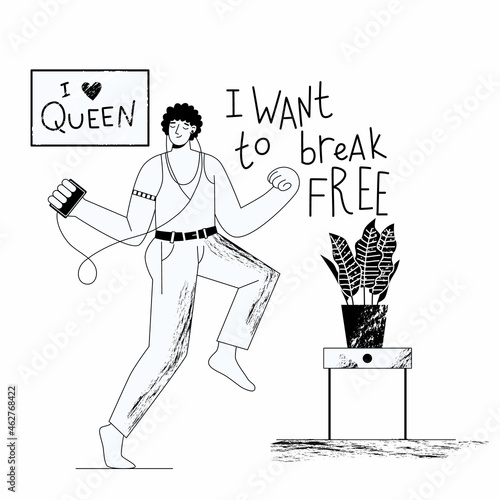 Young man listens to music with headphones and dances. A fan of the Queen group. Lettering I want to break free. Flat vector illustration.