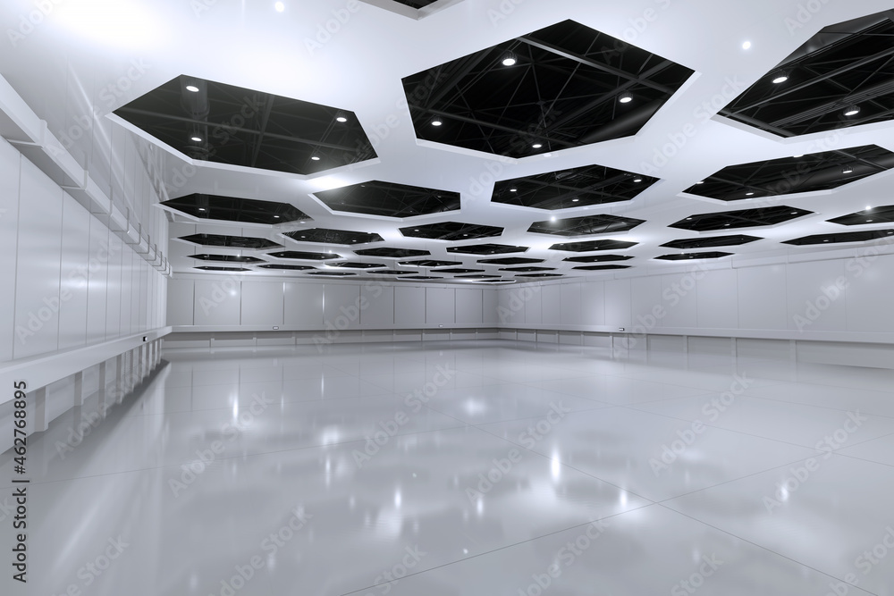 Fototapeta premium Empty hall exhibition centre.The backdrop for exhibition stands,booth elements. Conversation centre for the conference.Big Arena for entertainment,concert,event. Indoor stadium for sport.3D render.