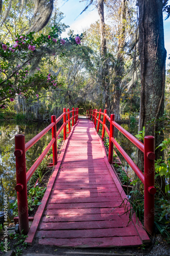 USA, South Carolina, Charleston, Red bridge over a pond in the Magnolia Plantation USA, South Carolina, Charleston, Red bridge over a pond in the Magnolia Plantation