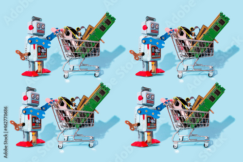 Pattern of vintage robot toys pushing miniature shopping carts filled with electronic equipment