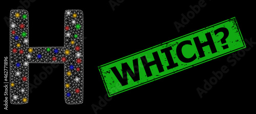Bright mesh network Eta Greek symbol with colored light spots, and grunge Which? seal. Green stamp seal has Which? tag inside framed rectangle.