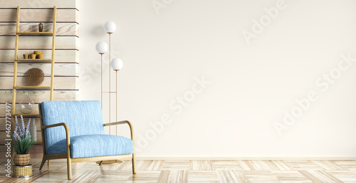 Interior with blue armchair and ladder shelf in modern living room with wooden panelling and mockup wall, home design 3d rendering
