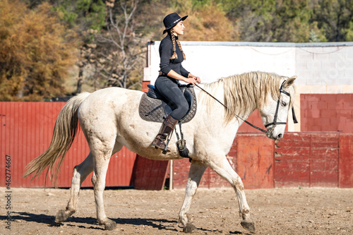 Woman horseback riding in paddock photo