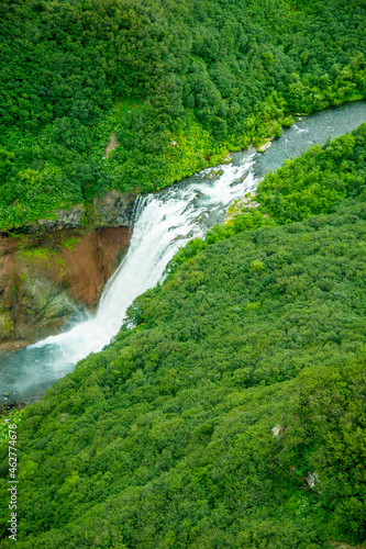 Russia, Kamchatka, Aerial view of waterfall