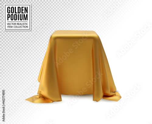 Vector realistic box covered with golden silk cloth on transparent background. Empty podium, stand with tablecloth to show magic tricks. Secret gift, hidden under satin fabric with drapery and folds