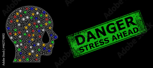 Glare mesh net man tear with multicolored lightspots, and grunge Danger Stress Ahead seal stamp. Green stamp seal contains Danger Stress Ahead tag inside framed rectangle.