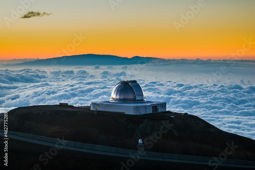 USA, Hawaii, Big Island, observatory on Mauna Kea volcano at sunset photo