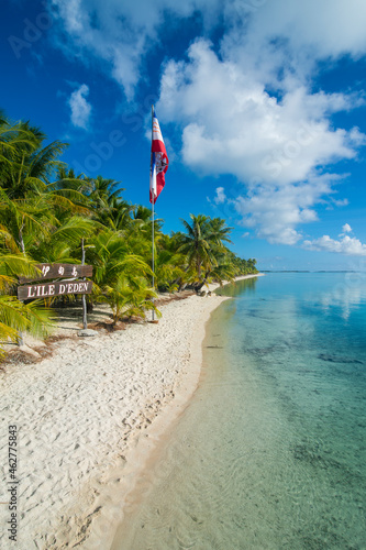 French Polynesia, Tuamotus, Tikehau, palm beach with flag photo