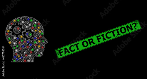 Flare mesh net brain gears with multicolored lightspots, and grunge Fact or Fiction? stamp. Green stamp includes Fact or Fiction? tag inside framed rectangle.
