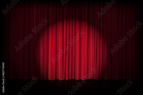 Red velvet curtain in theater or cinema. Vector background with closed stage curtains with drapery, spot of light and reflection on glossy floor. Red fabric drapes lit by searchlight