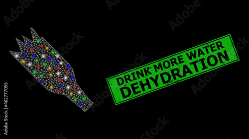 Flare mesh web crashed beer bottle with multi colored glowing spots, and grunge Drink More Water Dehydration seal stamp.