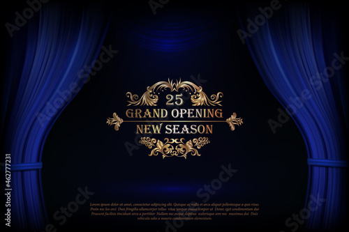 Vector Premium blue curtains in theater or opera. Dark blue curtain scene gracefully with simple text. Elegance vector backdrop for poster. Classic podium