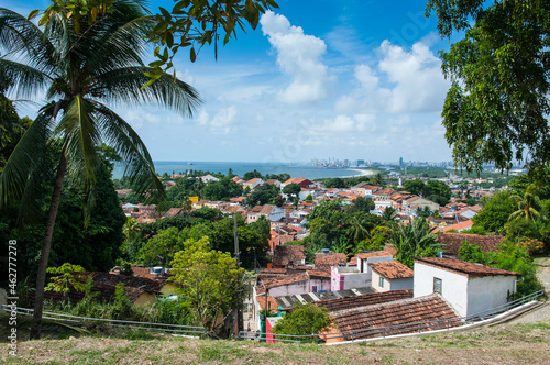 Overlook over the the colonial town of Olinda with Recife in the background, Pernambuco, Brazil