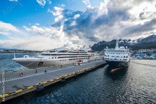 Cruise ship anchoring in the harbour of Ushuaia, Tierra del Fuego, Argentina photo