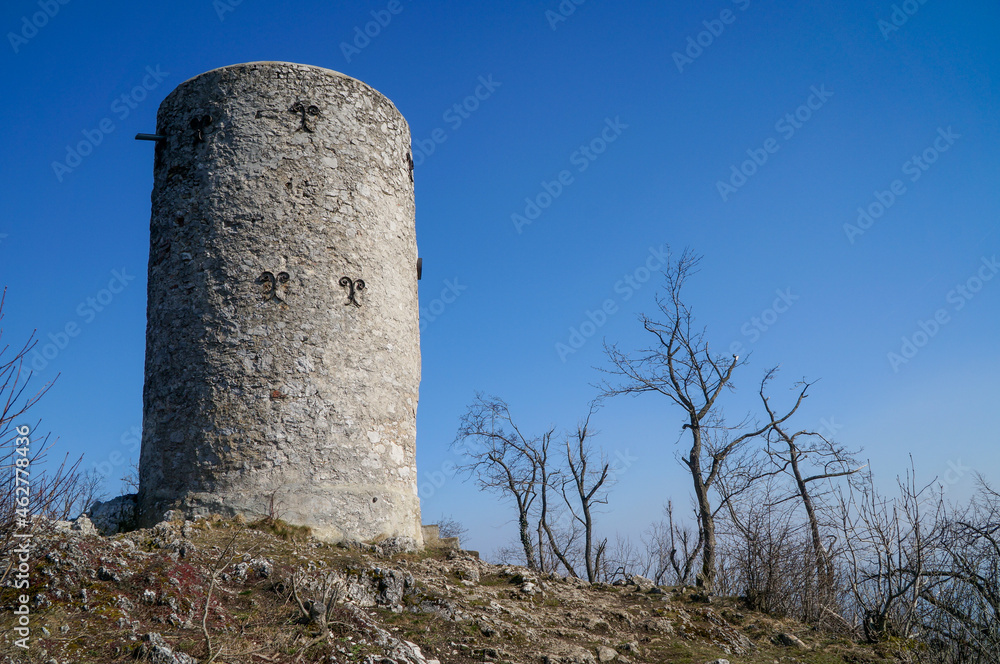 Wilhelmswarte on Mount Anninger in Lower Austria near Moedling and Baden. Travel and Sport concept. Great place for hiking. Blue background with space for text.
