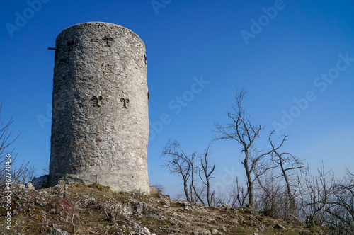 Wilhelmswarte on Mount Anninger in Lower Austria near Moedling and Baden. Travel and Sport concept. Great place for hiking. Blue background with space for text.