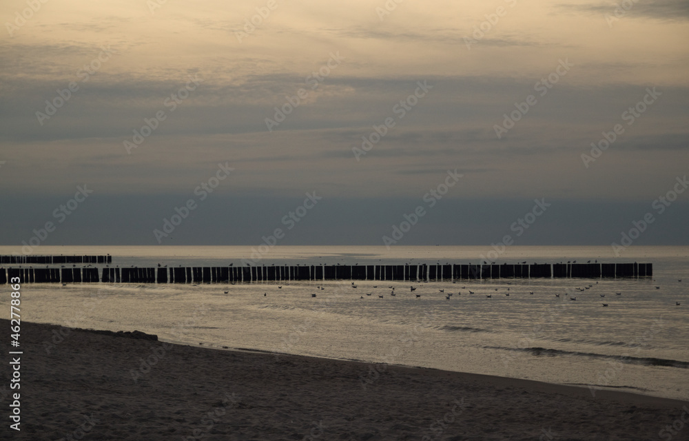 sea, waves, seagulls and sunset, Pobierowo, Poland