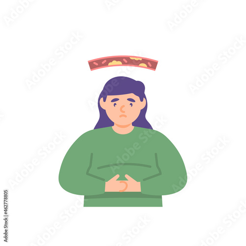 illustration of a woman holding his stomach due to obesity, overweight, diabetes and cholesterol. blood vessels blocked by fat. frozen blood. sick person. flat cartoon style. vector design