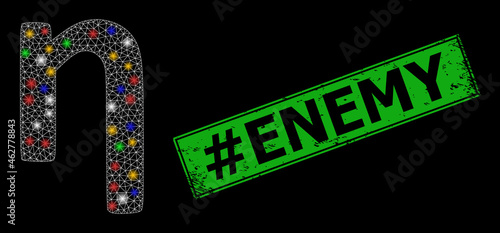 Glare mesh web Eta Greek lowercase symbol with colored flash nodes, and grunge #Enemy seal. Green stamp contains #Enemy tag inside framed rectangle.