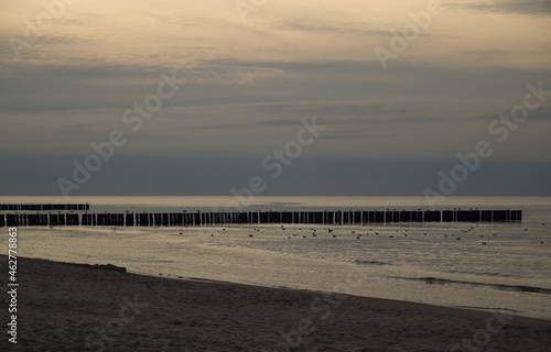 sea  waves  seagulls and sunset  Pobierowo  Poland