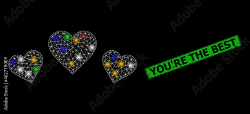 Bright mesh network love rating with vibrant flash nodes, and grunge You'Re the Best stamp. Green stamp seal has You'Re the Best text inside framed rectangle.