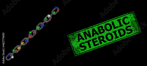 Glowing mesh net chain with vibrant glowing spots, and grunge Anabolic Steroids stamp. Green stamp seal contains Anabolic Steroids caption inside framed rectangle.
