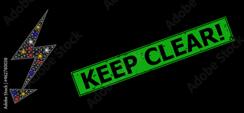 Shiny mesh network electric arrow with multi colored light spots, and grunge Keep Clear! seal stamp. Green stamp seal includes Keep Clear! text inside framed rectangle.