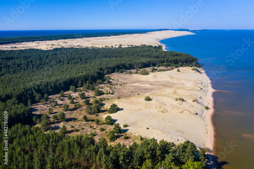 Aerial view of seascape against clear blue sky during sunny day, Curonian Spit, Russia