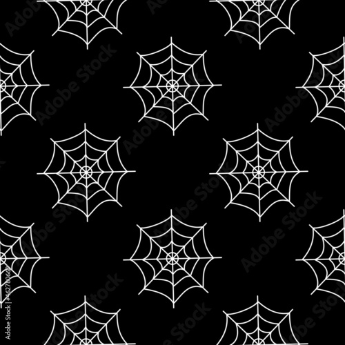 Flat vector illustration. Halloween seamless pattern with white cobwebs on black background. Use for web, notepad, background, paper