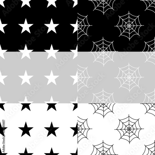 Flat vector illustration. Set of Halloween seamless pattern with cobwebs and stars on white, grey, black background. Use for web, notepad, background, paper