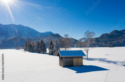 Germany, Upper Bavaria, Werdenfelser Land, near Eschenlohe, winter landscape, Aerial view of shack photo