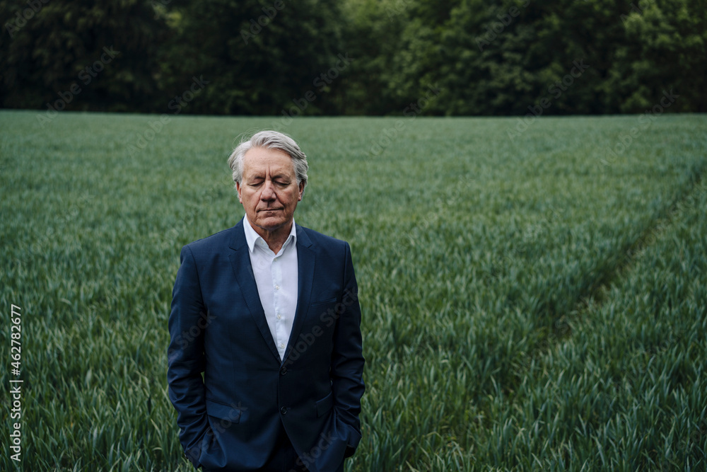 Portrait of a senior businessman with closed eyes on a field in the countryside Portrait of a senior businessman with closed eyes on a field in the countryside