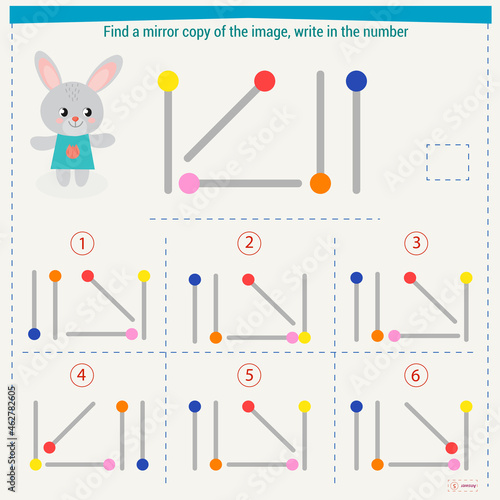  Logic puzzle game for children. Select and write down the number of the correct mirror image of the figure. Development of spatial thinking