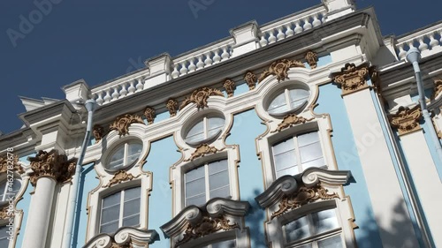 exterior view of famous Catherine’s Palace in town of Pushkin near Saint Petersburg; pan camera movement
